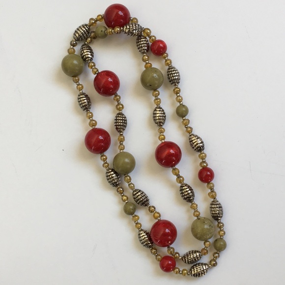 Vintage Red and Sage Green Bead Necklace - Picture 1 of 6